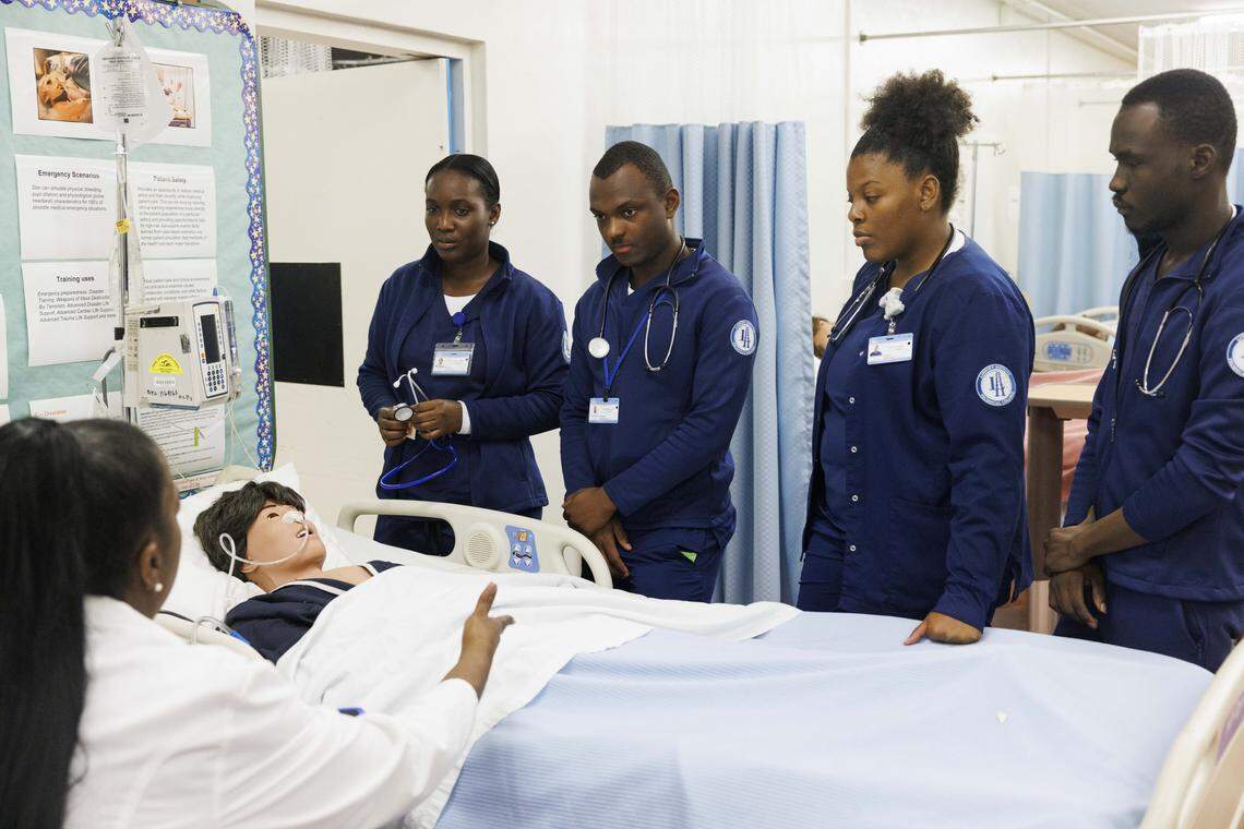 Students in the Licensed Practical Nurse program learn from instructor S. Blackmon during the day on Tuesday, Oct. 21, 2025, at Lindsey Hopkins Technical College in downtown Miami. 