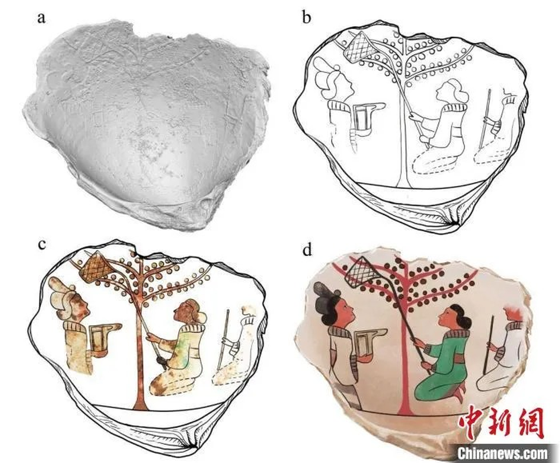 The second shell depicts a woman picking fruit from a tree.