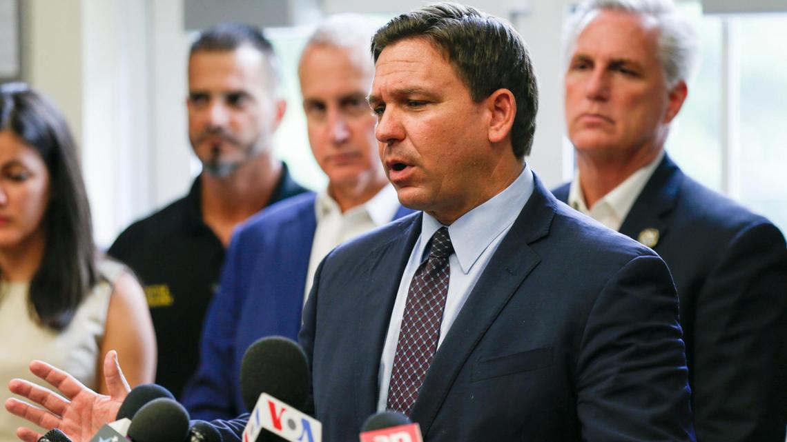 Florida Governor Ron DeSantis speaks about the current situation in Cuba during a press conference at the Hialeah Gardens Museum Honoring Assault Brigade 2506 located on 13651 NW 107 Avenue in Hialeah Gardens, Florida on Thursday, August 5, 2021.