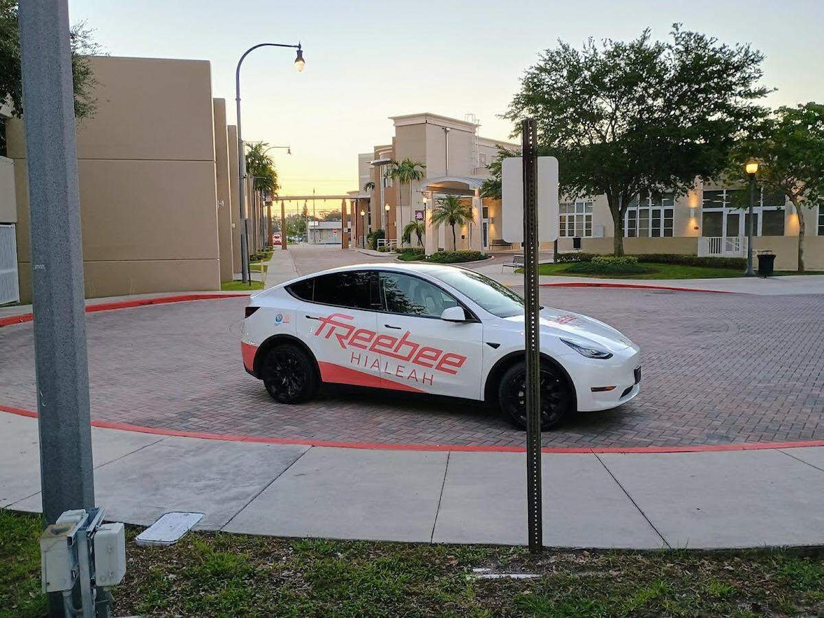 A Tesla in Hialeah’s publicly funded, app-based Freebee micro-transit service, which operates only within city limits. 