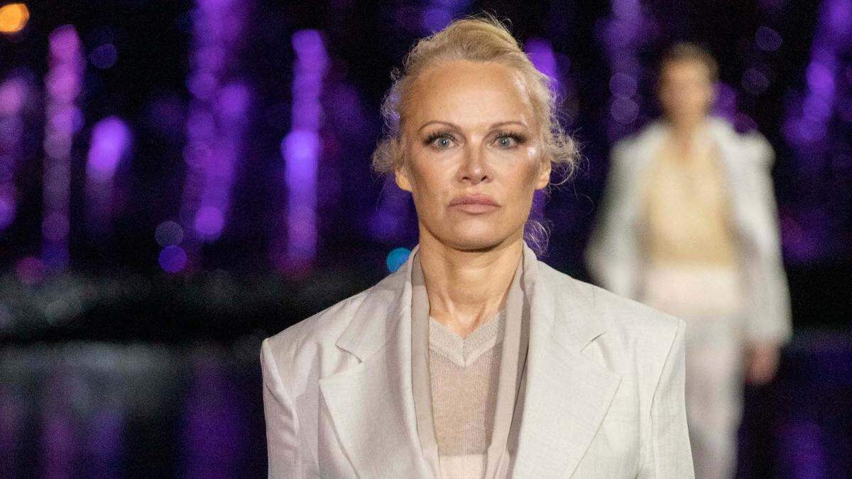 Actress Pamela Anderson walks on the runway at the Hugo Boss fashion show during the Spring Summer 2023 Collection in Miami FL on March 15 2023. (Photo by Jonas Gustavsson/Sipa USA)
