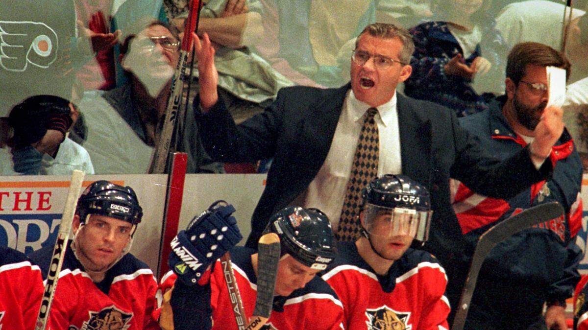 Florida Panthers coach Doug MacLean argues a call during second period action at the Spectrum in Philadelphia in this May 12, 1996, file photo. 