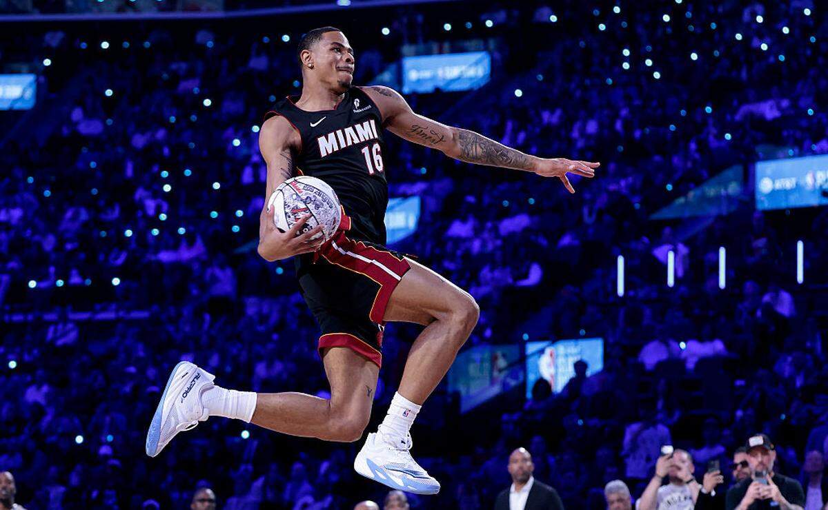 Keshad Johnson #16 of the Miami Heat dunks during the AT&T Slam Dunk Contest during 2026 NBA All-Star Weekend at Intuit Dome on February 14, 2026 in Inglewood, California.
