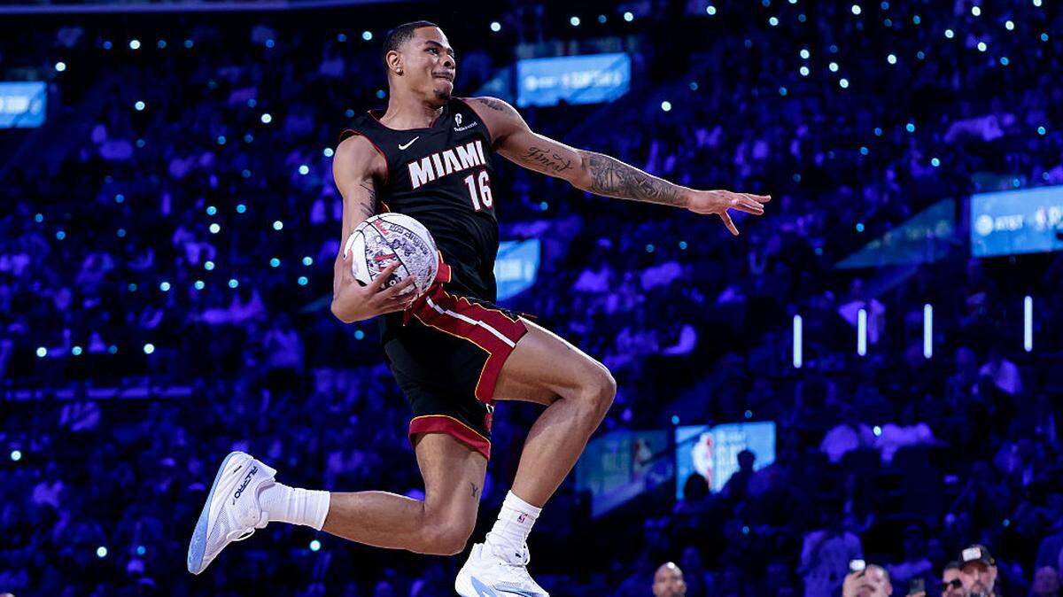 Keshad Johnson #16 of the Miami Heat dunks during the AT&T Slam Dunk Contest during 2026 NBA All-Star Weekend at Intuit Dome on February 14, 2026 in Inglewood, California.