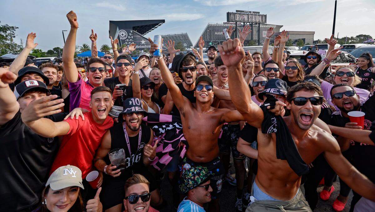 Soccer fans celebrate during a tailgate party before the match between Inter Miami and Atlanta United in the Leagues Cup group stage match at DRV PNK Stadium in Fort Lauderdale, Fla. on Tuesday, July 25, 2023.