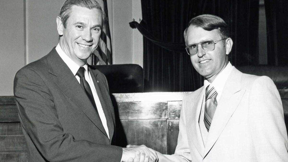 Gov. Reubin Askew, left, and Justice James Alderman are shown in a photo provided by the Florida Supreme Court. Alderman, who served as chief justice of the Florida Supreme Court in the early 1980s, died June 10, 2021, at the age of 84 in Vero Beach, Florida.