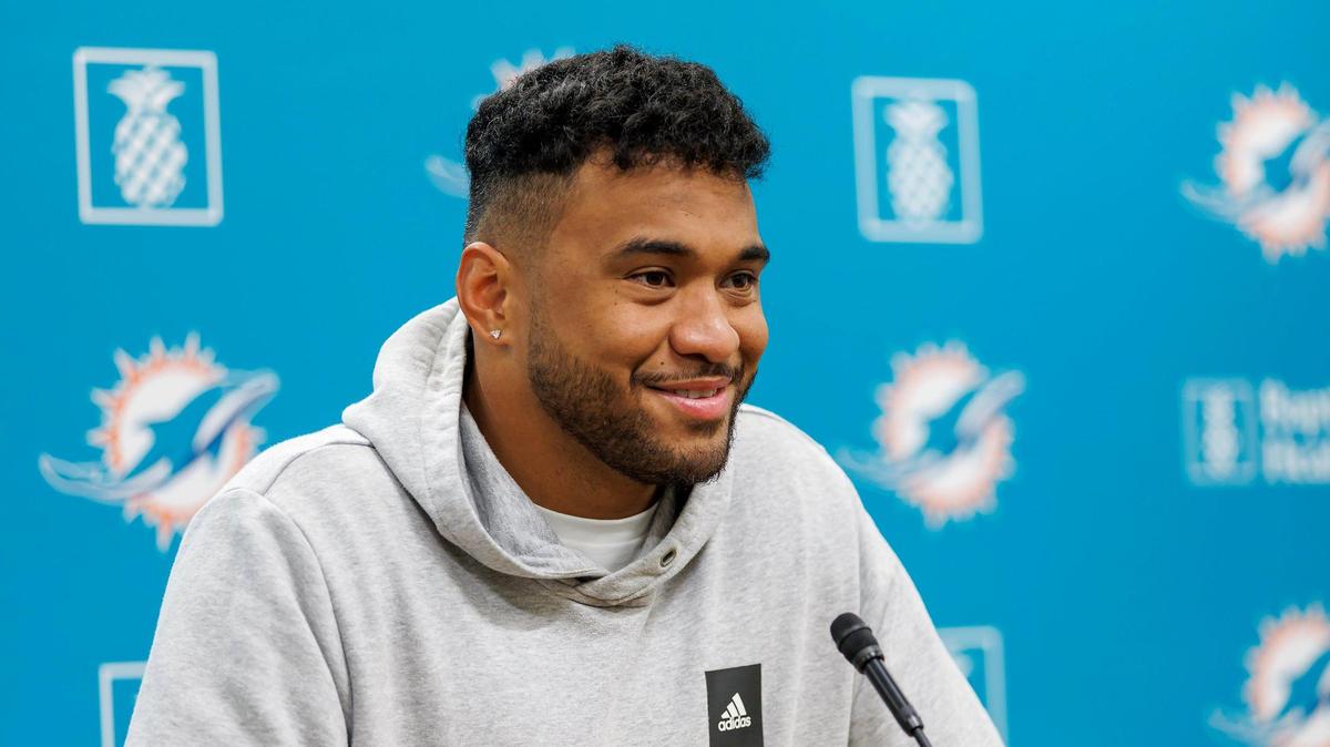 Miami Dolphins quarterback Tua Tagovailoa speaks to the media before practice at Baptist Health Training Complex in Hard Rock Stadium on Wednesday, December 14, 2022 in Miami Gardens, Florida.