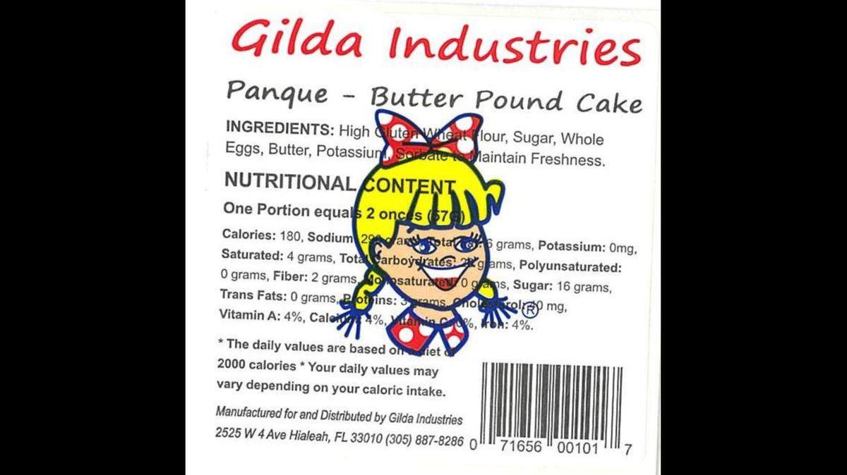 The label for Gilda’s Butter Pound Cake aka Panque. It’s missing an important ingredient, which caused Gilda to recall three lots of the dessert.