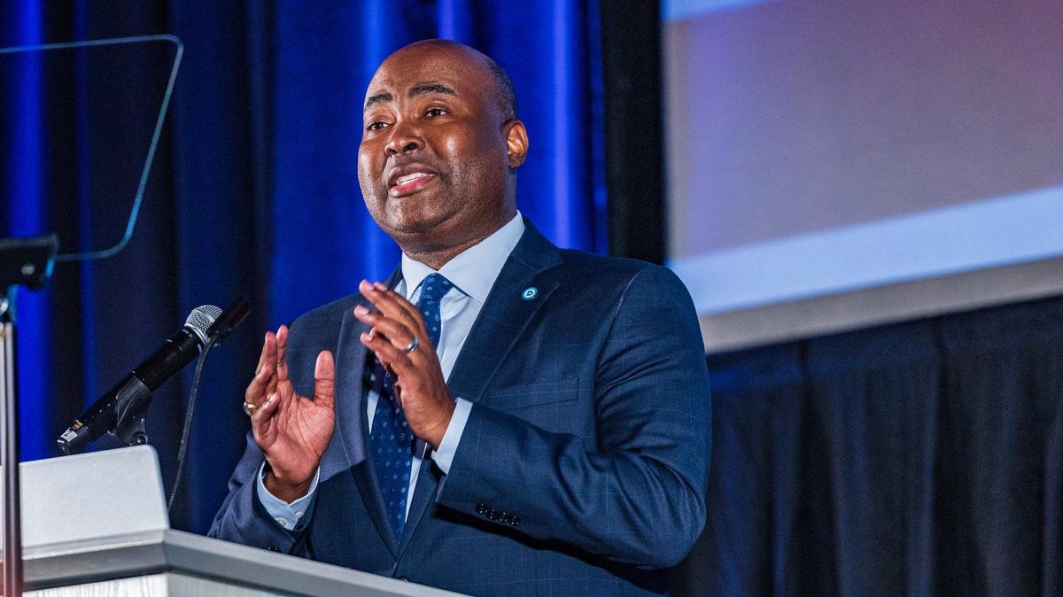 DNC Chair Jaime Harrison, speaks during the Blue Gala hosted by the Miami-Dade Democratic Party at the Miami Beach Convention Center, Florida on Saturday, September 21, 2024.