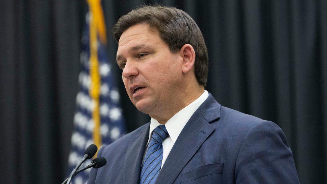 Gov. Ron DeSantis talks during a press conference on Thursday, Sept. 22, 2022, at the Miami Dade College Wolfson Campus.