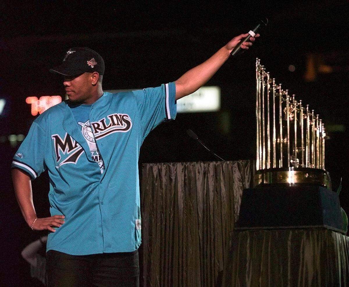 In 1997, a Florida Marlins at what was then Pro Player Stadium, MVP Livan Hernandez waits for the crowd to finish changing “Livan, Livan!”
