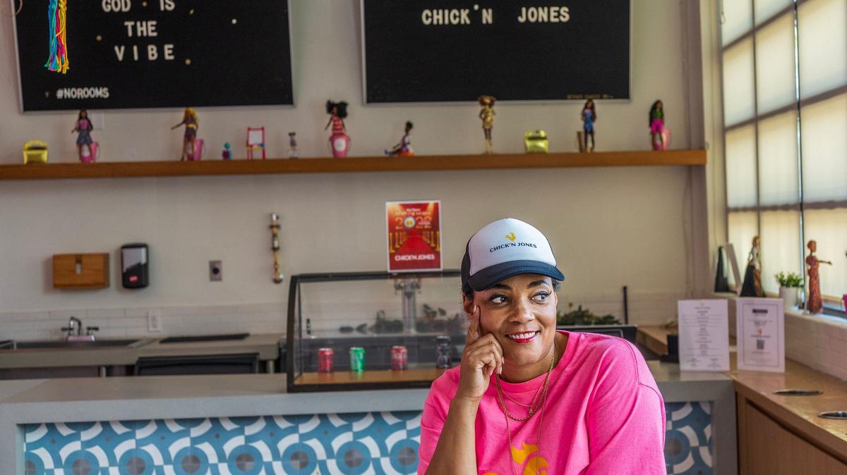 Chef and influencer Amaris Jones posed in her fast-casual fried chicken restaurant, Chick’N Jones, at Freehold Studios in Wynwood.