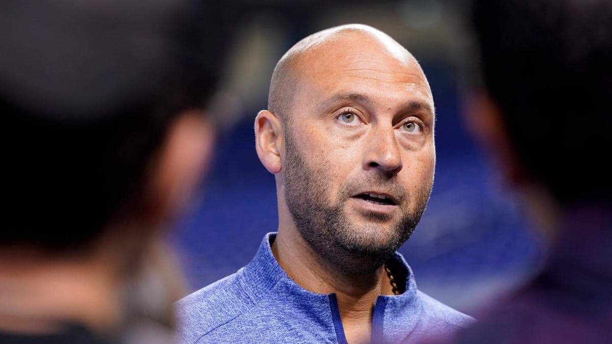 Derek Jeter, CEO of the Miami Marlins, speaks with the news media before a baseball game against the Philadelphia Phillies, Saturday, Oct. 2, 2021, in Miami. (AP Photo/Lynne Sladky)