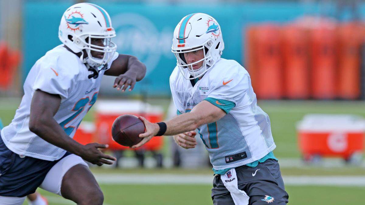 Miami Dolphins quarterback Ryan Tannehill hands off to running back Frank Gore during a practice last season. Assumptions are that neither those two nor defensive end Cameron Wake will be back, but one scenario in which all three returning could make sense.