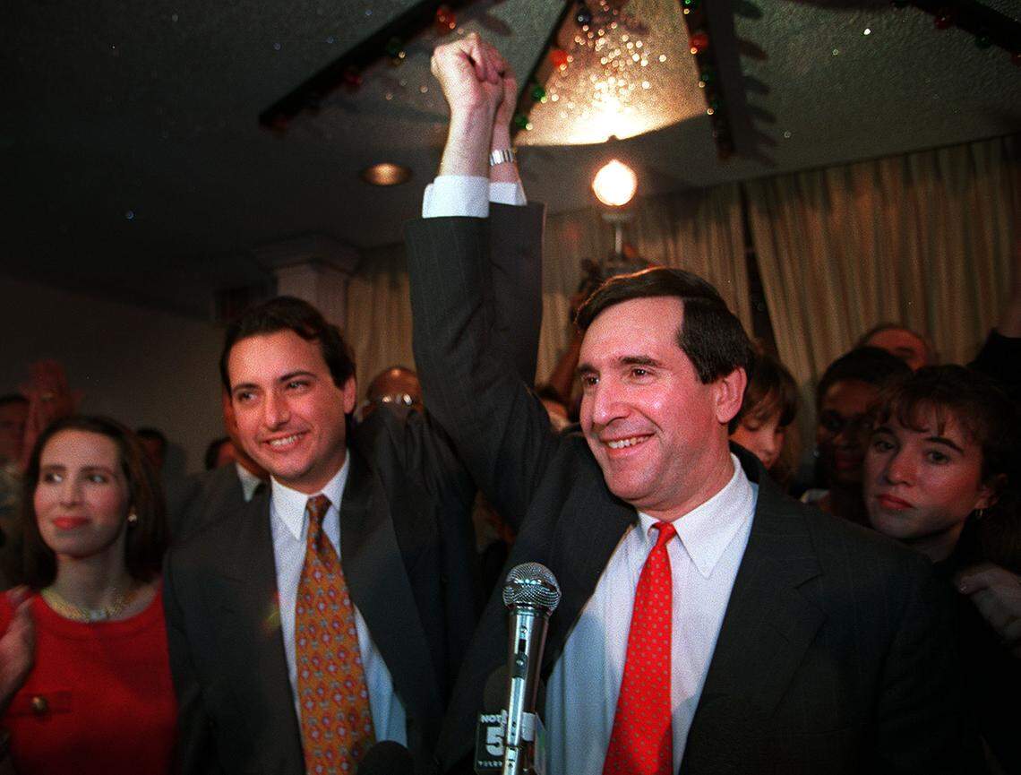 A victorious Joe Carollo celebrates an electoral win on Nov. 14, 1995, allowing him to return to his old City Commission seat.