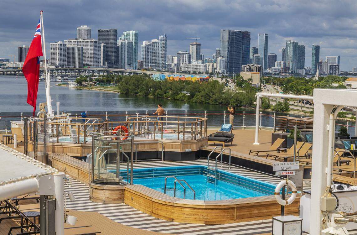 View of the Cunard cruise ship Queen Elizabeth's pool deck, as it sits docked at PortMiami on Thursday, Oct. 16, 2025, in Miami. The vessel arrived around 6 a.m. and will be based in Miami for six months, offering voyages to the Caribbean. After tours and festivities, the ship is scheduled to depart later Thursday on its inaugural 12-night Caribbean cruise.