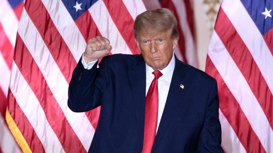 Former President Donald Trump pumps his fist as he reacts to the crowd after announcing his bid for the presidency from his Mar-a-Lago club in Palm Beach, Florida on Tuesday, November 15, 2022.