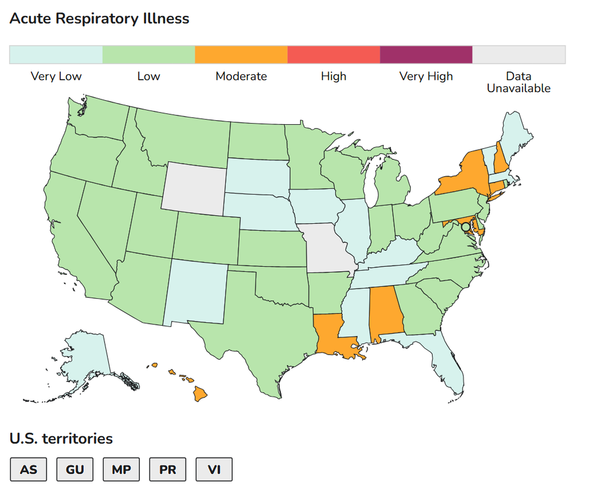 This CDC map, updated Dec. 10, shows the level of respiratory illness activity across the country through Dec. 6. This includes a broad range of ER visits for respiratory illnesses, including the common cold, influenza, RSV and COVID-19.