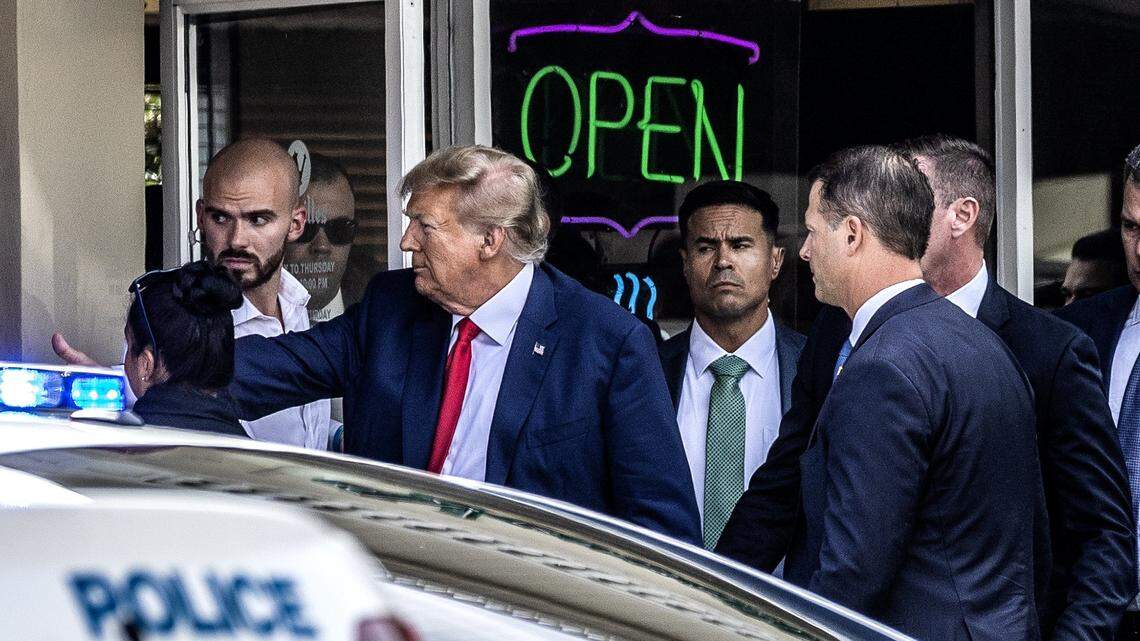 Former President Donald Trump greets supporters at Versailles Restaurant and Bakery in Little Havana after his appearance at the Miami federal courthouse, on Tuesday, June 13, 2023.  