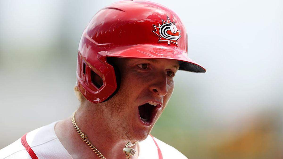 SAN JUAN, PUERTO RICO - MARCH 07: Owen Caissie #21 of team Canada celebrates a two run home run in the second inning against Colombia during their game at Hiram Bithorn Stadium on March 07, 2026 in San Juan, Puerto Rico. (Photo by Al Bello/Getty Images)