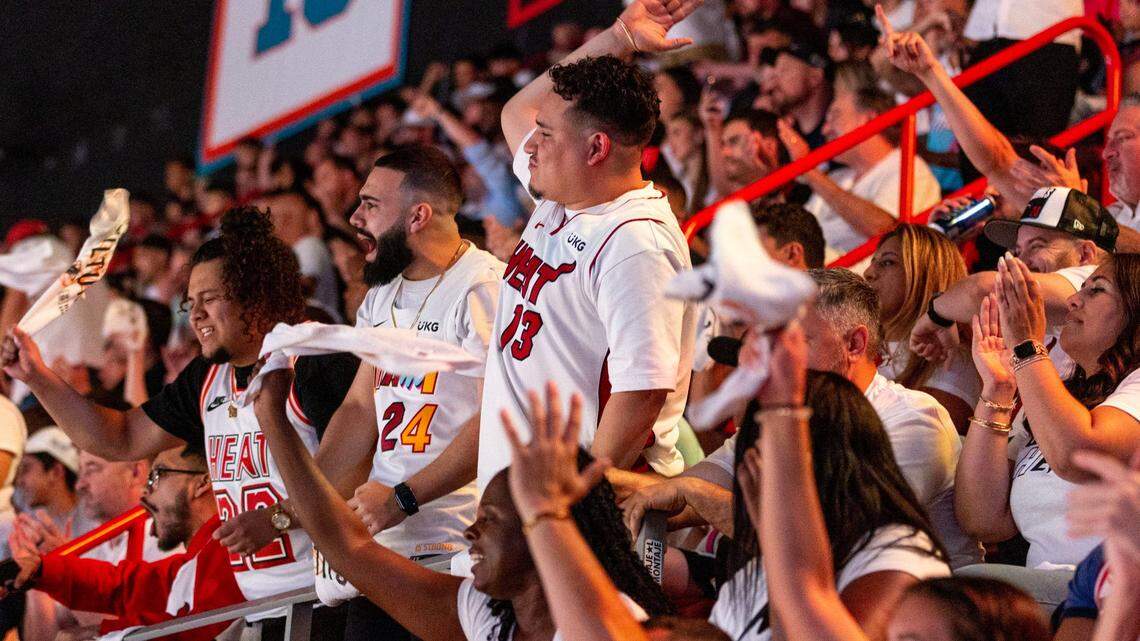 Miami Heat fans react from their seats in the 300 section during the first half of Game 3 of the NBA Finals at the Kaseya Center on Wednesday, June 7, 2023, in Miami.