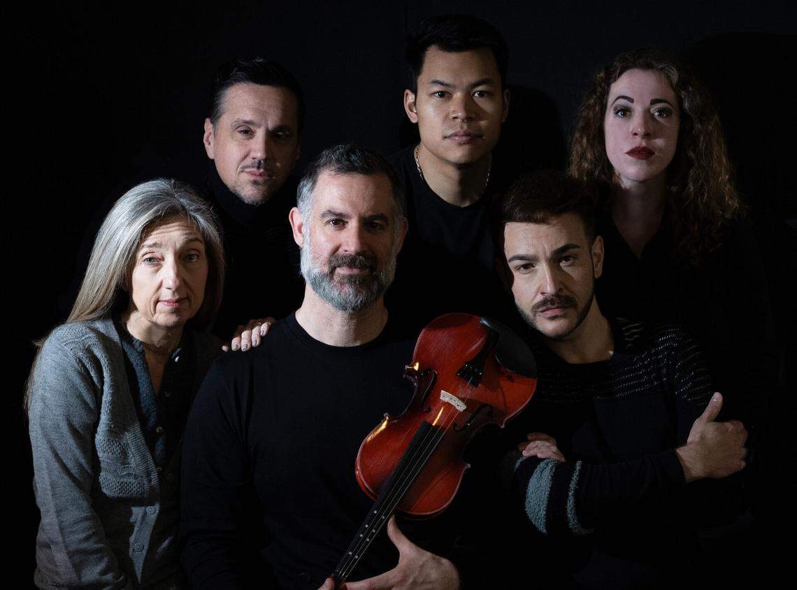 Some of the cast members of Zoetic Stage’s “Fiddler on the Roof.” From left, front row, Jeni Hacker, Ben Sandomir, and Kalen Edean. From left, top row, Henry Gainza, Nate Promkul, and Sara Grant. The musical opened in March and runs through April 6, 2025, inside the Carnival Studio Theater at the Adrienne Arsht Center for the Performing Arts.&nbsp; 