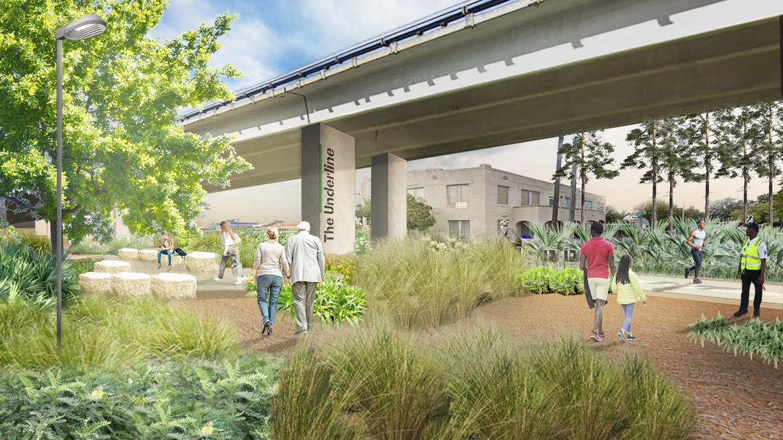 An architectural rendering shows greenery and a plaza at Southwest 17th Avenue and U.S. 1, as part of part two of The Underline, under construction and set for completion in mid-2023. The linear park and trail will run for 10 miles beneath the elevated Metrorail tracks from the Miami River in Brickell to the Dadeland South station once it’s finished at the end of 2025.