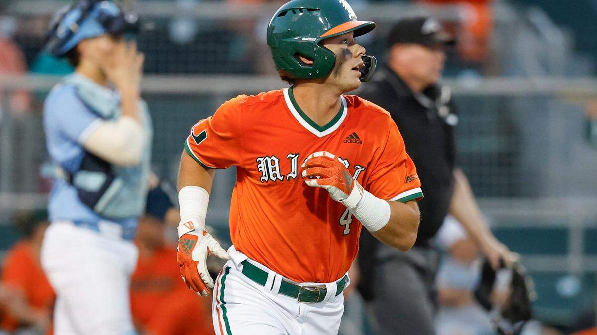 Miami Hurricanes infielder Blake Cyr (4) keeps an eye on a the ball for a home run against the North Carolina in the first inning at Alex Rodriguez Park at Mark Light Field on campus in Coral Gables, Florida on Friday, March 15, 2024.