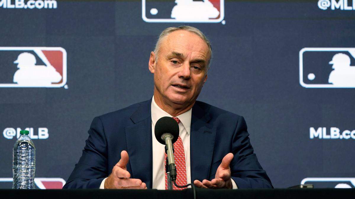 Major League Baseball commissioner Rob Manfred speaks during a news conference in Arlington, Texas, Thursday, Dec. 2, 2021. Owners locked out players at 12:01 a.m. Thursday following the expiration of the sport’s five-year collective bargaining agreement.