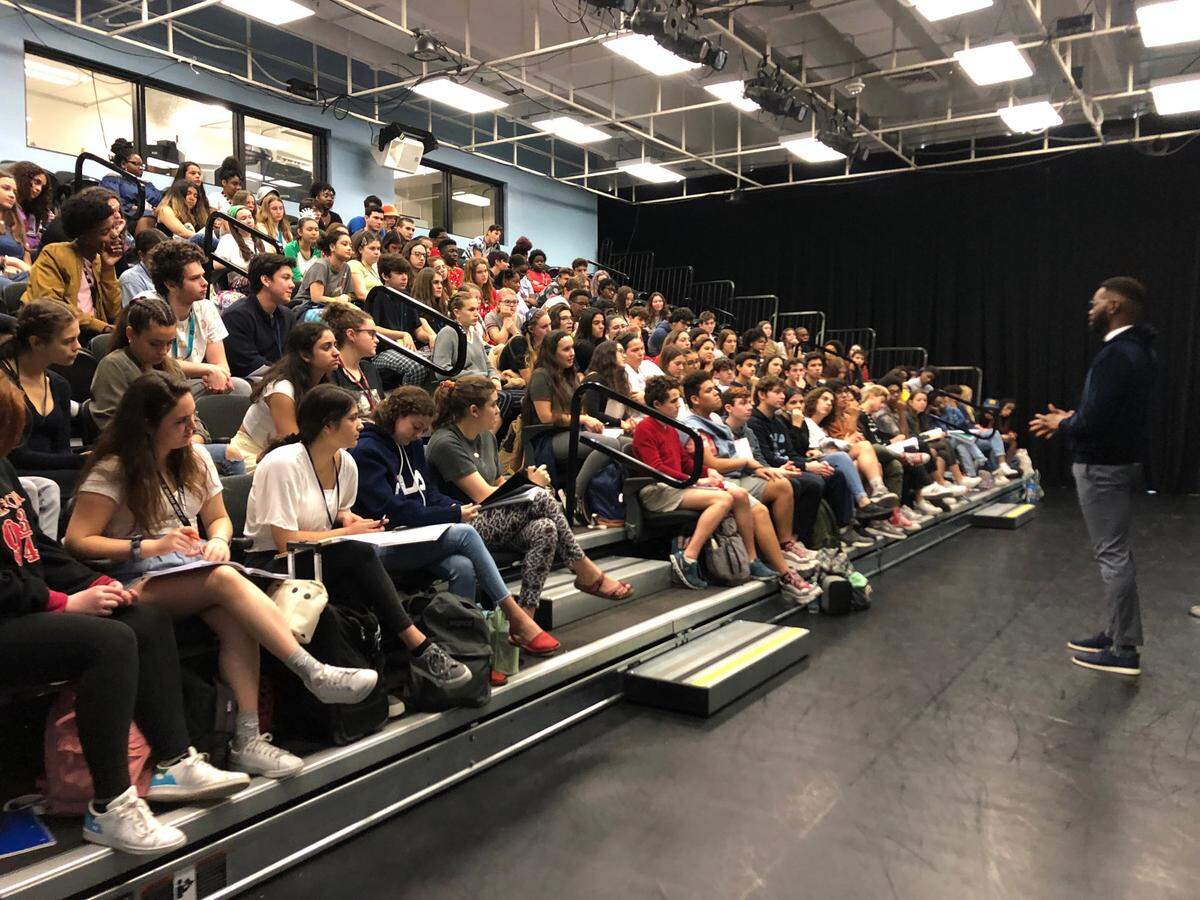 Tarell Alvin McCraney, 39, talks to students at New World School of the Arts on Monday, December 16, 2019. McCraney graduated from NWSA in 1999 and will be inducted into the Miami-Dade County Public Schools Alumni Hall of Fame in February 2020.