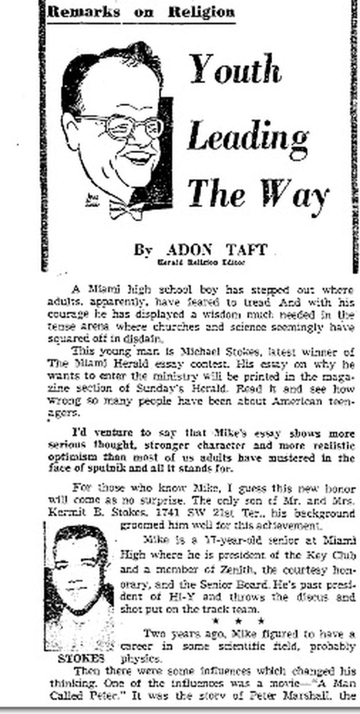 The Miami Herald’s former religion columnist Adon Taft honored Miami Senior High student Michael Stokes who won the paper’s 14th annual essay contest in January 1958.
