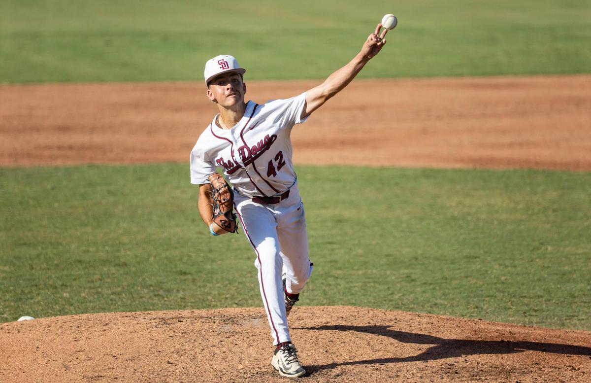 Stoneman Douglas Eagles pitcher Daniel Tartaglia (42) pitches against the Jupiter Warriors in the second inning of his Class 7A state baseball championship game against the Jupiter Warriors at Hammond Stadium on Saturday, May 17, 2025, in Fort Myers, Fla.