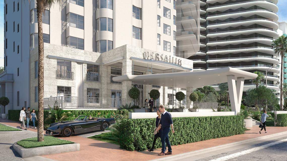 Architectural rendering of the renovated Versailles Hotel and the 23-unit condo tower located just south. The two buildings will make up the Aman Miami project, the final piece in the Faena District in Miami Beach.