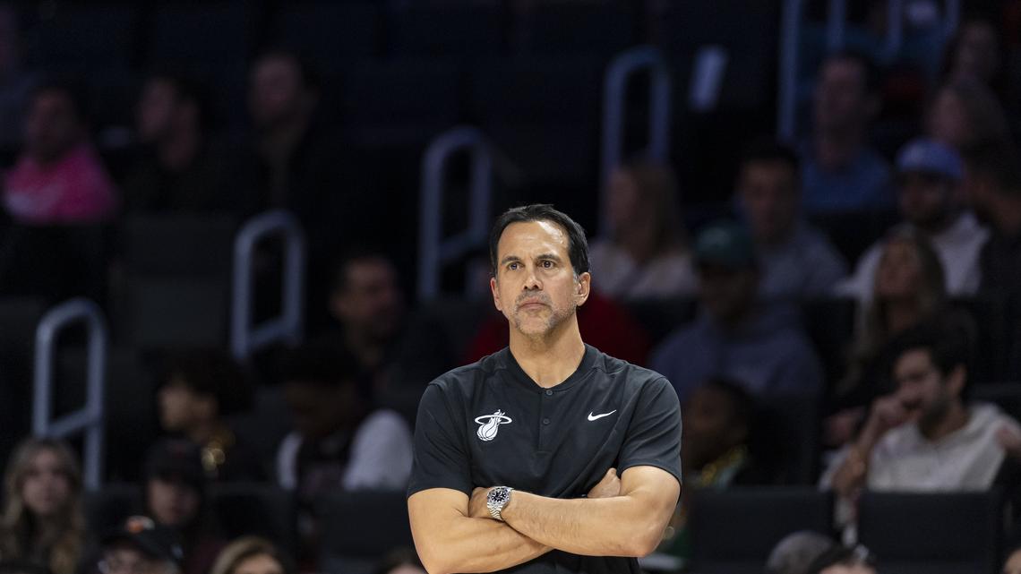 Miami Heat head coach Erik Spoelstra watches his team play against the Boston Celtics in the first half of their NBA game at the Kaseya Center on Jan. 15, 2026, in Miami.