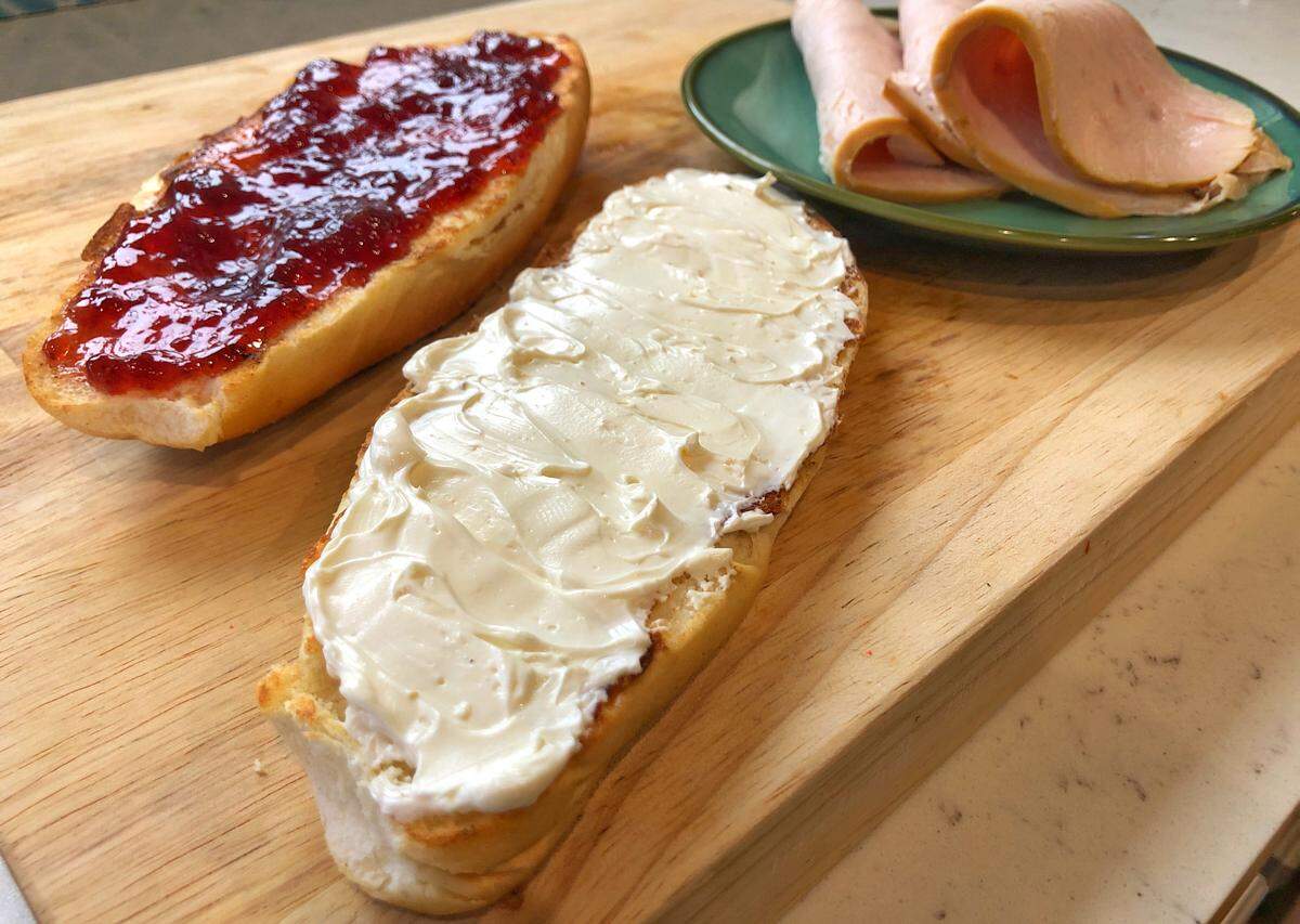 To make the Elena Ruz sandwich the way its namesake inventor did, whip the cream cheese and use strawberry preserves not jelly.