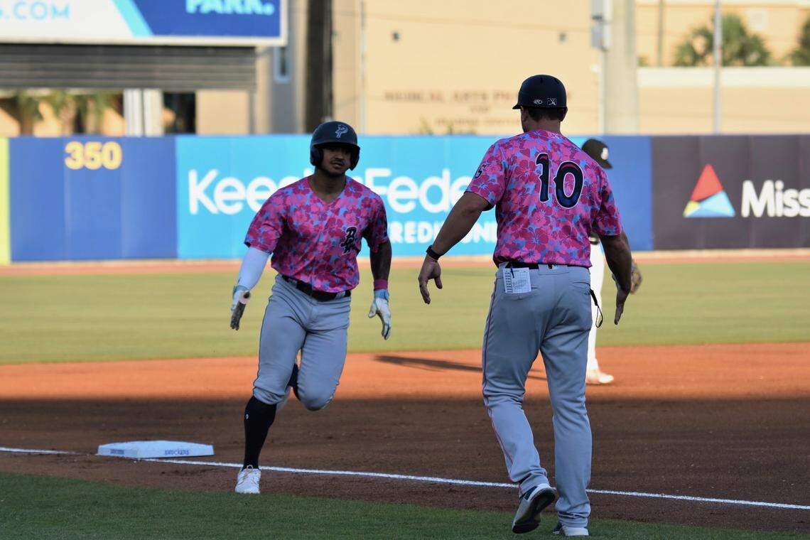 Dane Myers rounds third base after hitting a home run for the Double A Pensacola Blue Wahoos.