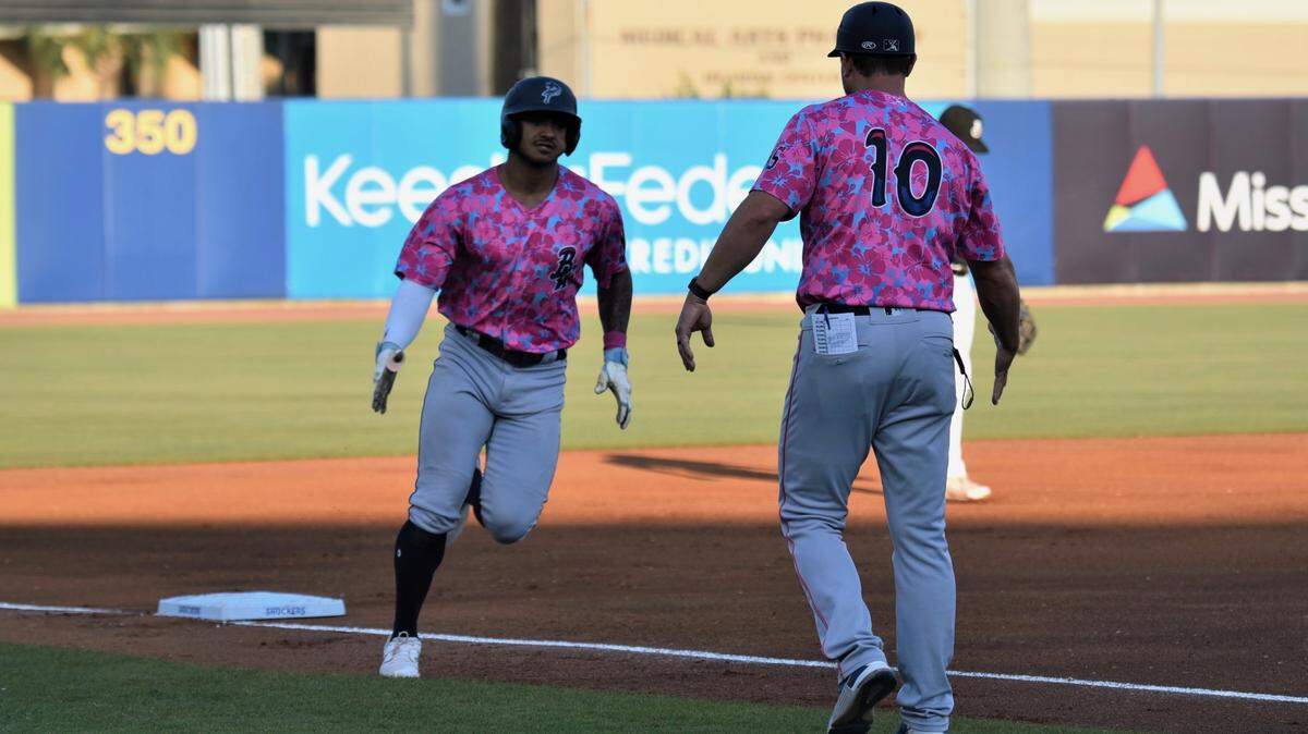 Dane Myers rounds third base after hitting a home run for the Double A Pensacola Blue Wahoos.