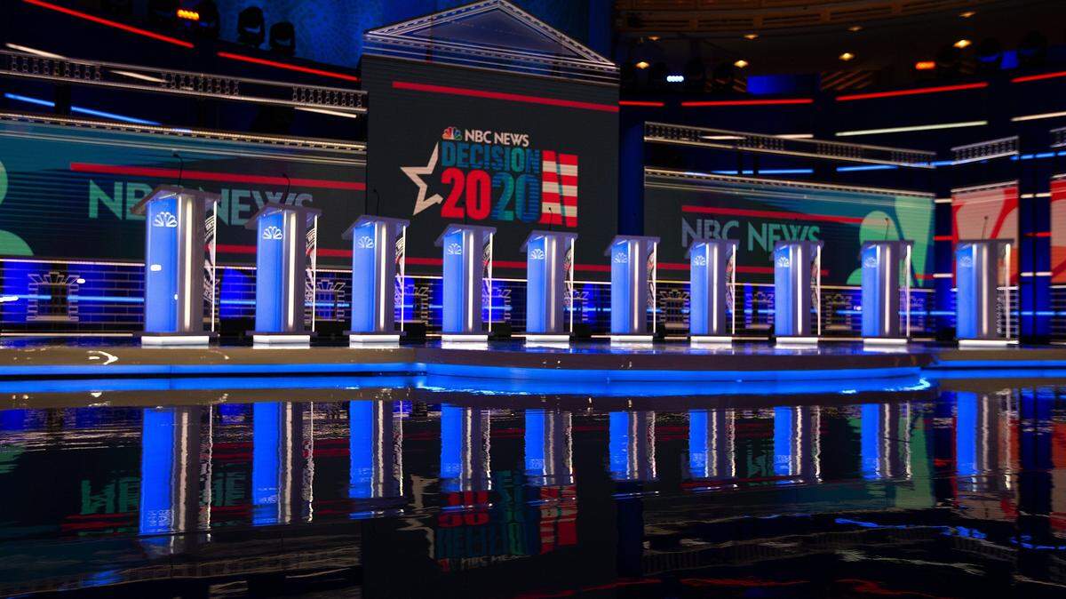 View of the stage for the first NBC Democratic presidential primary debate for the 2020 election. The debate is taking place at the Arsht Center in Miami on Wednesday, June 26, 2019.