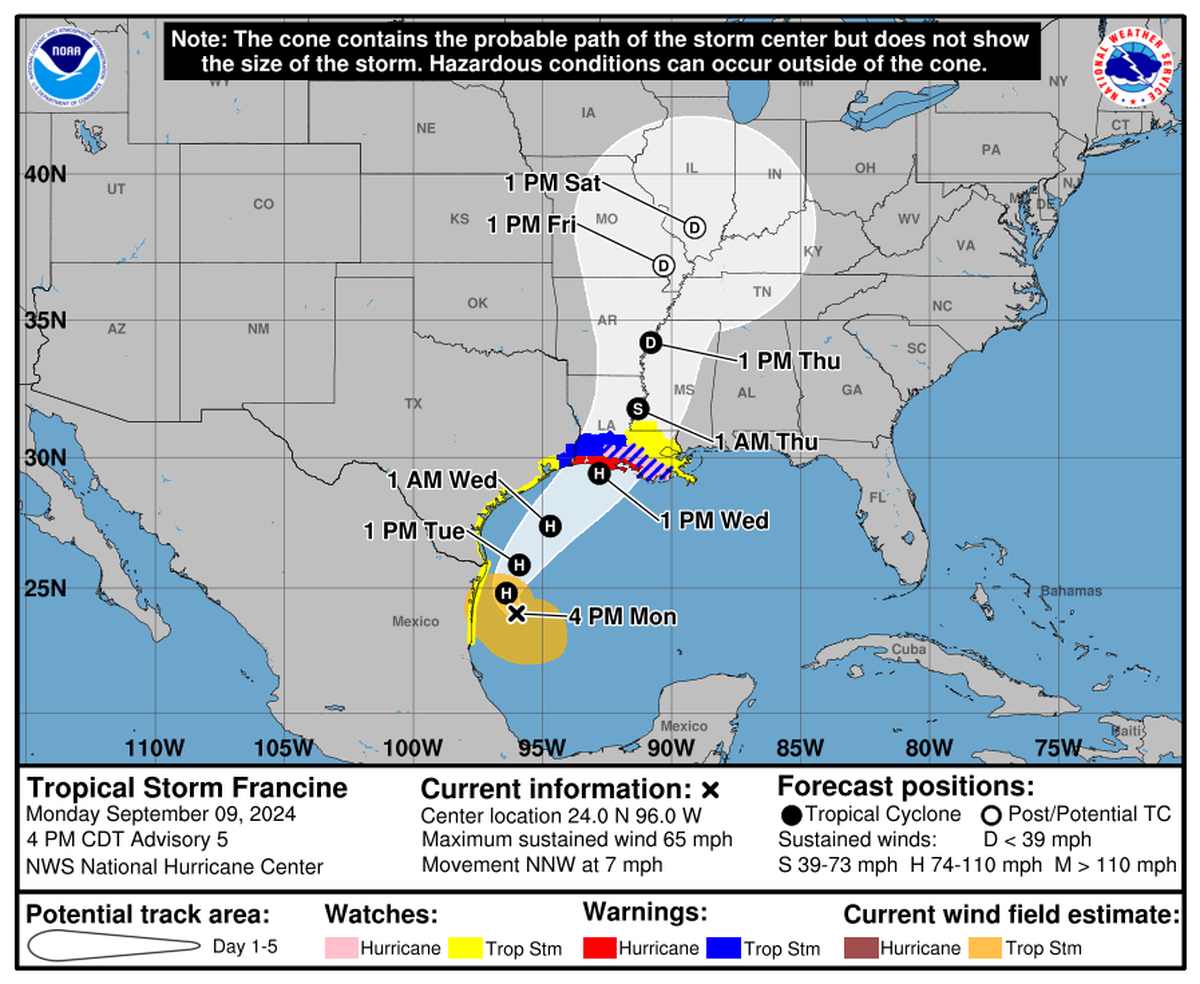 Tropical Storm Francine could strengthen into a hurricane as soon as Tuesday.
