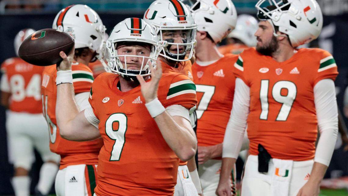 Miami Hurricanes quarterback Tyler Van Dyke (9) warms up before the game against the Pittsburgh Panthers at Hard Rock Stadium in Miami Gardens on Saturday, November 26, 2022.