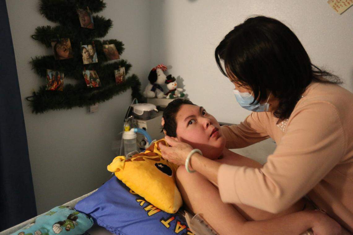 Justin Nguyen,24 is cared for by his mother Julie and his sisters Jennifer and Jessica in their Jacksonville home. Justin was severely injured during birth and as a result of the injury he suffers from spastic cerebral palsy and epilepsy.