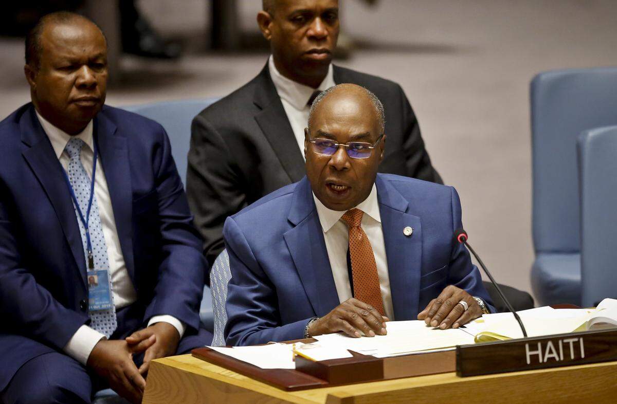 Haiti Ambassador to the United Nations, Denis Regis, addresses a United Nations Security Council on Haiti, on Thursday, Sept. 6, 2018, at U.N. headquarters.