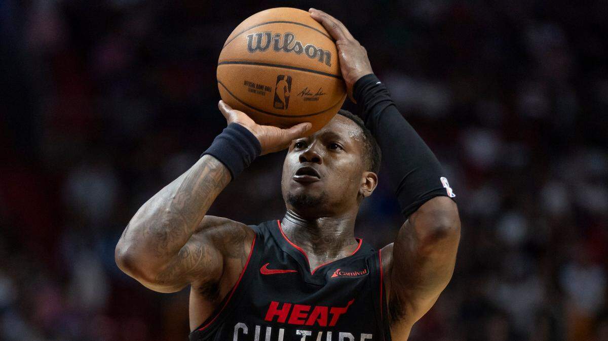 Miami Heat guard Terry Rozier (2) shoots a free throw against the New York Knicks in the second half of their NBA game at Kaseya Center on Tuesday, April 2, 2024 in Miami.