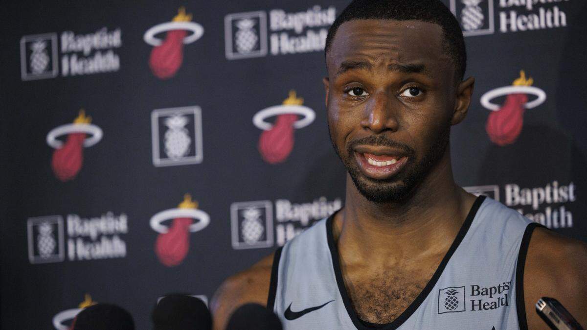 Andrew Wiggins (22) talks to the press during the first day of Miami Heat Training Camp on Sept. 30, 2025, at Florida Atlantic University in Boca Raton.