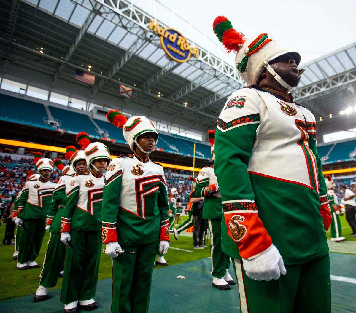 Florida A&M University’s Marching 100 performs at the halftime show during the Orange Blossom Classic against Jackson State University at Hard Rock Stadium in Miami Gardens, Florida, on Sunday, September 5, 2021.