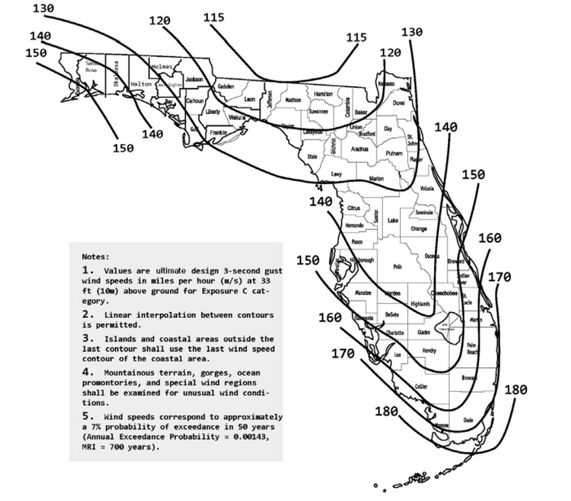 This map in Florida’s statewide building code delineates the minimum wind speeds most homes and buildings must be designed to withstand in different areas of the state.