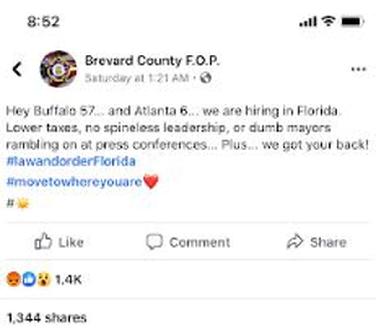 Brevard County’s Fraternal Order of Police removed this post Monday after backlash