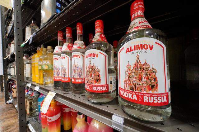 This is a display of Alimov Vodka, from Russia, in a Total Wine & More store in University Park, Florida on Feb. 27, 2022. The chain, as well as Publix, pulled Russian-made products from its shelves after Russia invaded Ukraine.