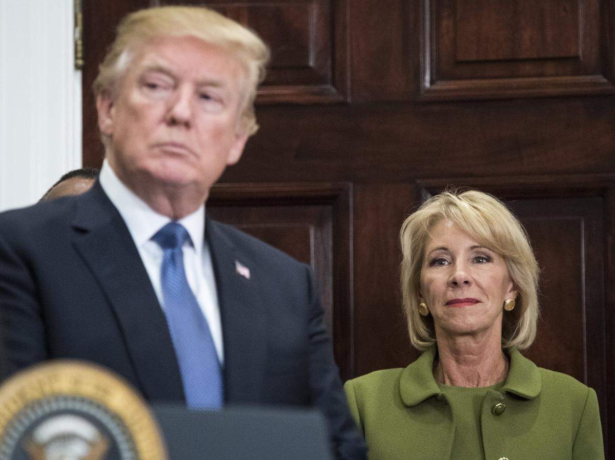 President Trump with his secretary of education, Betsy DeVos, at the White House.