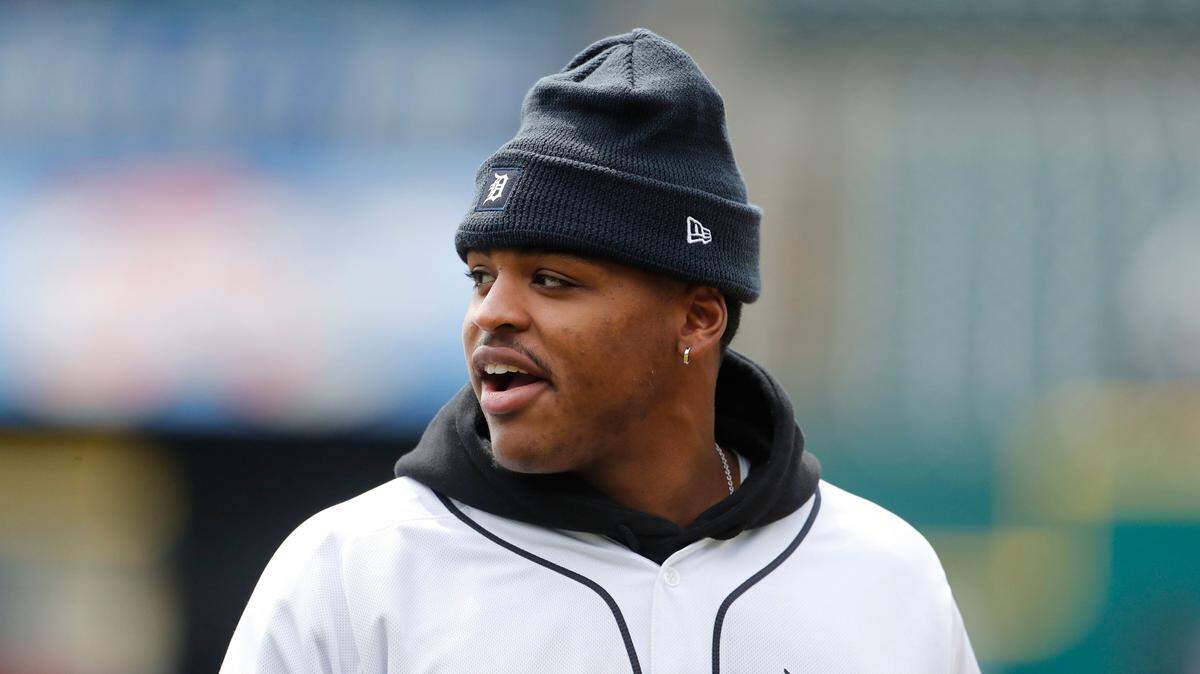 University of Michigan linebacker Devin Bush after throwing out the first pitch before the baseball game between the Detroit Tigers and the Cleveland Indians, Thursday, April 11.